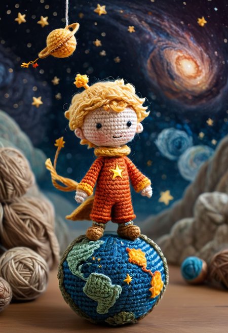 the little prince standing on small planet in starry sky, by saint exupery, crocheted style