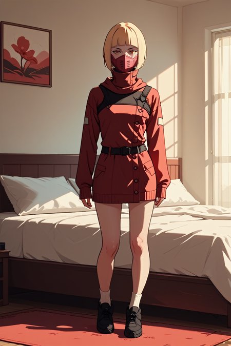 score_9, score_8_up, score_7_up, score_6_up
<lora:ERKiwi:1.0>
ERKiwi, 1girl, blonde hair, short hair, red eyes, colored sclera, blunt bangs, mouth mask, looking at viewer, full body, bedroom, socks, soft lighting, warm lighting