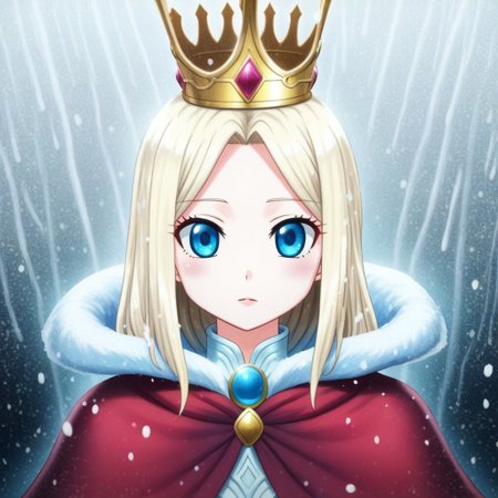 mana_sk style, portrait, focus on face, a dignified ice queen girl with long, flowing platinum blonde hair and frosty blue eyes, wearing a crown shaped like icicles and a high-collared fur cloak, her expression cold and regal, soft snow falling against an icy background, Japanese RPG style, majestic and chilling atmosphere, intricate details on her crown and cloak