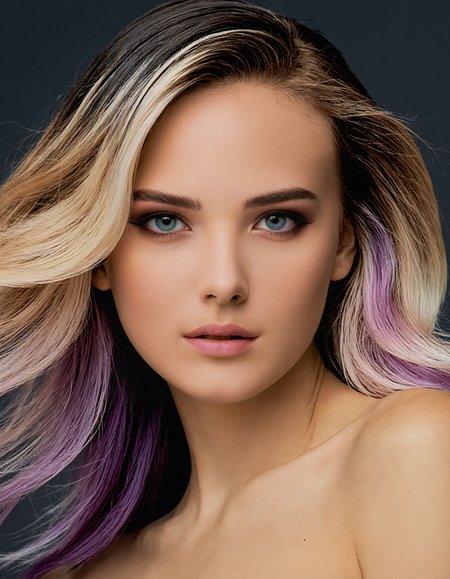masterpiece, best quality, 1girl, gradient hair, high contrast, photo \(medium\),  <lora:SDXLHighDetail_v5:1>, strapless,