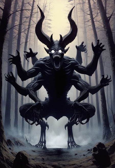 1 creature, dynamic view, 3/4 view, gigant character, dark silhouette, multiple arms, ((multiple horns, numerous horns, multiple large horns, multiple small horns, branching horns, chaotic horns)), ((asymmetrical)), multiple eyes, multiple sharp teeth, open mouth, crouching, reaching towards the ground, skeletal arms, loose flesh
ph4nt0m01l, Trees, fog, high quality, best quality,  score: 9, score: 8 up, rating: safe
