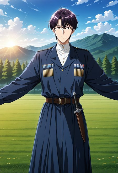 general,highres, ultra-detailed,very aesthetic,best quality ,best hands,masterpiece, best quality, newest, highres, score_9, score_8_up, score_7_up, source_anime, rating_explicit,yokota mamoru style,motion lines,,Very straight nose,slim,slender face,perfect nose
young man,navy long sleeves,navy chokha,1 handsome young man,
 anime screencap,long sleeves,sleeves past wrists,[[bullet clip-like decorations on both sides of the chest]],long hem,belt,knife,weapon,collared shirt
solo,anime chokha, wearing in chokha outstretched arms, open eyes, belt,dark, looking at viewer,dancing, standing,mountain,tree,sun,meadow,cloudy sky,blue sky
