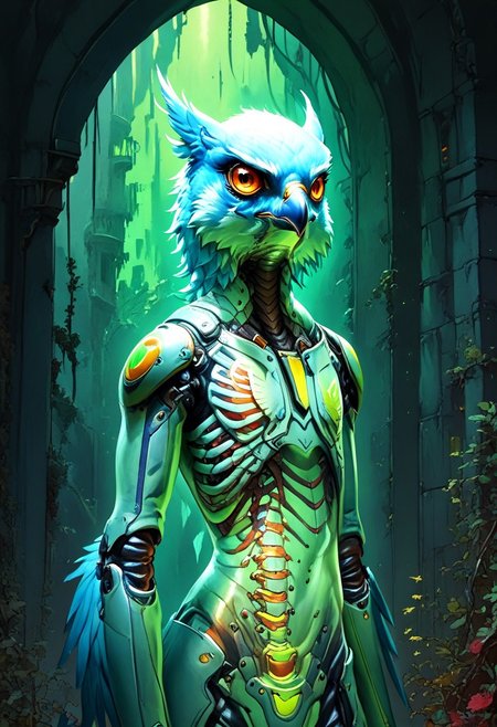 3l3m3ntp, cr1tter, detailed, transparent body, score_9, score_8_up, solo, cowboy shot, Anthropomorphic Peregrine Falcon, hybrid animal, a Humanoid Peregrine Falcon hybrid with ((the big head of a Peregrine Falcon)), ((very tall slender fit tight body)), megafeatherypony, blue feathers, realistic feathery, falcon, anthro, an enlightened birdman, werefalcon,
(futuristic night city), (green neon), brutalist architecture,
score_9, score_8, score_7, score_6, absurdres, (( visible skeleton, spine, hip_bones, ribcage, legs bones)), ((transparent seethrough skin solo, half body,
(transparent, transparent_body, transparent_skin),