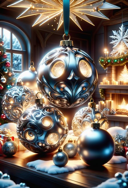 hyper detailed masterpiece, dynamic, awesome quality, DonMSt33lM4g1cXL winter wonderland, christmas eve, ham,baubles, wholesome and heartwarming, pendant lights, family gathered around the christmas tree opening presents, made of steel, shiny  <lora:DonMSt33lM4g1cXL-v1.1-000008:1>