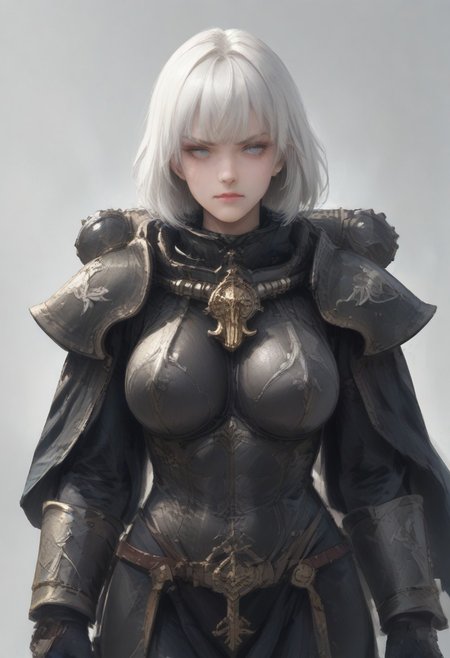 <lora:Sororitas:1> armor, shoulder armor, 1girl, pauldrons, short hair, power armor, white hair, white eyelashes, big breastplate <lora:disgusted_face_xl_goofy:1> disgusted face, looking down, score_9, score_8_up, score_7_up, score_6_up, score_5_up, score_4_up