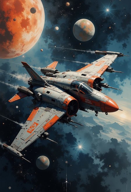 A dinkfsn style ink wash painting, a_skynet_cyberdyne_craft, the image is featuring a  a sleek variable fighter spaceship traversing interstellar space, detailed space background with stars and nebulas