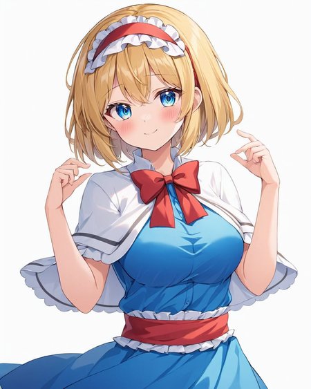 alice margatroid,1girl, solo, white_background, white_capelet, blue_dress, long_sleeves, smile, simple_background, red_hairband, lolita_hairband, facing_viewer, closed_mouth, breasts, blush, red_bowtie, sash, white_shirt, cowboy_shot, frilled_hairband, hand_up, ^_^
<lora:alice_margatroid_image3379_2023-12-11-000006:1>,star-shaped_pupils,symbol-shaped_pupils,. gorgeous,key visual, vibrant, studio anime,award-winning, professional, highly detailed,high budget, cinemascope