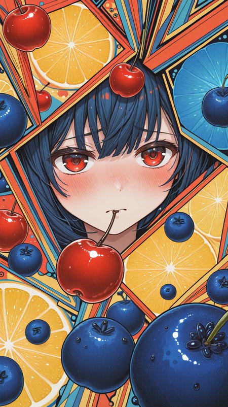 m4ch_illu, machigami_yoh_illu, cubism, abstract, yellow theme, blue theme, red theme, close-up, tsundere, blush, shy, lemons, blueberries, cherry, abstract background, incredibly absurdres, highres, masterpiece, newest