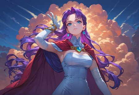 score_9, score_8_up, score_7_up, score_6_up,
yurihiro kajimoto, 1990s \(style\), 
1girl, celine_jules, 1girl, bare_shoulders, cape, dress, earrings, elbow_gloves, gloves, high_heels, jewelry, large_breasts, long_hair, purple_hair, thighhighs, white_gloves, zettai_ryouiki, beautiful detailed eyes, very aesthetic,
upper body, (close-up:1.4), cowboy shot, clouds,
<lora:yukihiro_kajimoto_so2r_pony:0.8>
<lora:IOS_Iridescent_opal_style:0.8>
