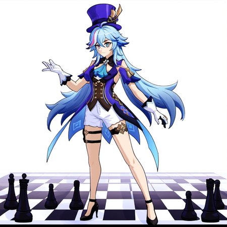 1girl, furina (genshin impact), ahoge, ascot, asymmetrical gloves, bare legs, black footwear, black gloves, blue ascot, blue eyes, blue hair, blue hat, chess piece, gloves, hat, high heels, king (chess), long hair, looking at viewer, mismatched gloves, multicolored hair, pawn (chess), short shorts, shorts, solo, splendor of tranquil waters (genshin impact), standing, streaked hair, thigh strap, top hat, very long hair, white gloves, white hair, white shorts,