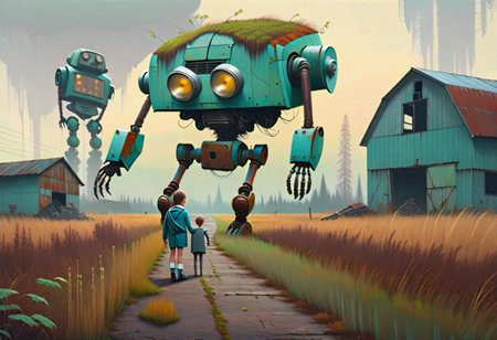 (((ultra high quality photo:1.8))) "vast overgrown field, extremely huge decrepit android, , aged and neglected appearance, advanced technology remnants, natural overgrowth, contrast between nature and forgotten futuristic elements"  a rusted car next to the robot, barn in the distance,  (((new robot)) walking with a child (holding hands) Simon Stlenhag Style, photo in phst artstyle, film photography style, light grain,