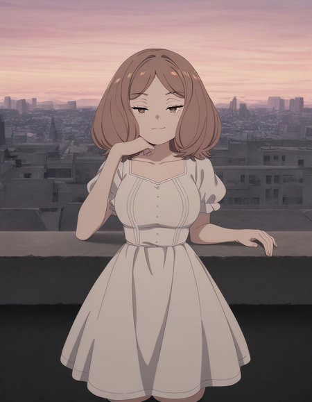 masterpiece, best quality, newest, absurdres, highres, safe,, <lora:mage-edel-s1-illustriousxl-lora-nochekaiser:1>, edel, brown hair, brown eyes, medium hair, medium breasts, anime screencap, thighhighs, dress, black thighhighs, white dress, short sleeves, puffy sleeves, puffy short sleeves, rooftop, view, height, buildings, sky, , head rest, smug, looking at viewer, solo,, cowboy shot, solo