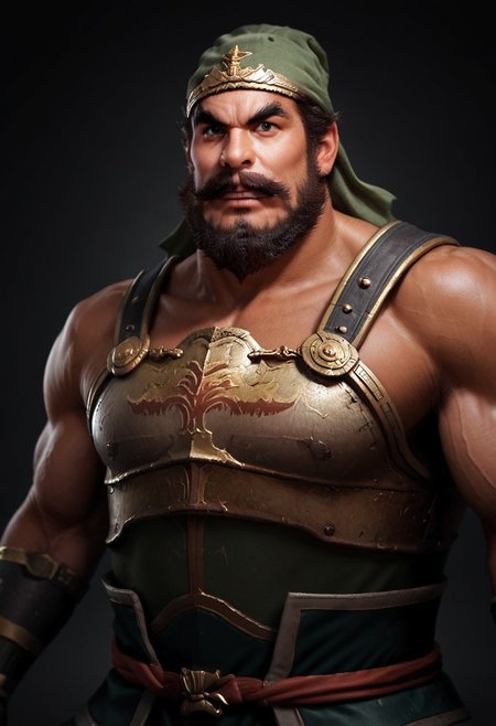 Zhang Fei,headwear, mustache and beard, front view, muscular, hunk, realistic, armor