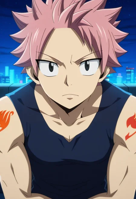 masterpiece, best quality, , anime screencap, , official style, looking at viewer, 1boy, solo, male focus, <lora:natsu_dragneel_ilxl:0.96>, natsu_dragneel, pink hair, black eyes, spiked hair, , cyberpunk plaza, holo-ads, neon paths, data streams, resting pose, observant expression, night,