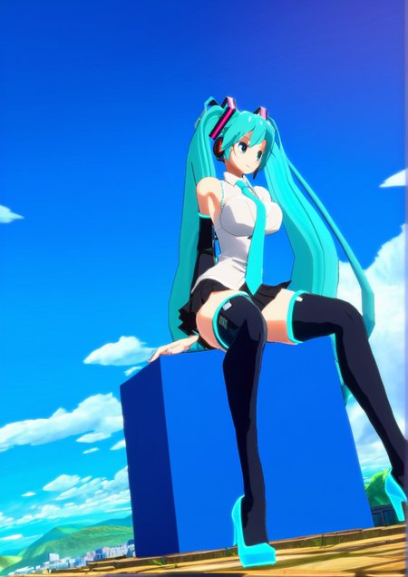 1girl, hatsune miku, huge breast, anniversary, aqua eyes, aqua hair, aqua necktie, black skirt, black thighhighs, blue sky, character name, cloud, day, detached sleeves, long hair, looking away, necktie, pleated skirt, sitting, skirt, sky, solo, thighhighs, twintails, very long hair, zettai ryouiki, 3d, zPDXL3<lora:DNF_Duel:1>