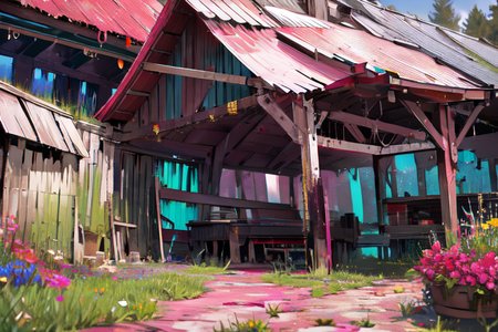 (otherworldly), highly insanely detailed, masterpiece, top quality, best quality, highres, 4k, 8k, RAW photo, (very aesthetic, beautiful and aesthetic), farm, fields, barn, fence, fantfa, <lora:FantasyFarm-10:0.7>, 
1girl, 
(coral pink hair,deep burgundy hair ,split-color hair,dual-toned hair,two-tone hair), 
(a colorful background,multicolored background),âââ