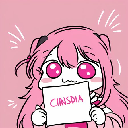 A pink girl held a piece of paper with Cinsdia written on it,solo
 <lora:Zzul:1>