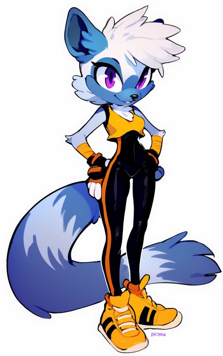 score_9, score_8_up, score_7_up,((best quality)),((full body)), absurdres,<lora:3d-2d:0.8>,   <lora:TangleTheLemurSDXL:0.75>,TangleTheLemurSDXL,furry female, furry, gloves, tail, animal ears, fingerless gloves,purple eyes, short hair, shoes,animal nose,white hair,bodysuit, bandages, yellow footwear, skin tight,blue fur, black bodysuit, Sleeveless,yellow  crop top,((white background)),standing, hands on hip,solo,slim