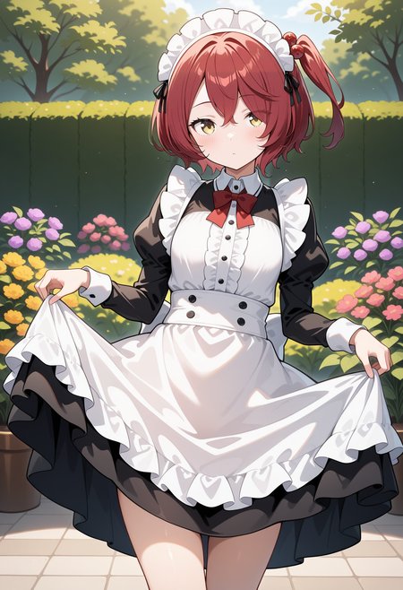aakomari, short hair, red hair, one side up, hair bobbles, <lora:komari_chika_ilxl_v1:0.9>, solo, maid, maid headdress, aapron, garden, standing, cowboy shot, skirt hold,
ultra-detailed, masterpiece, newest, best quality