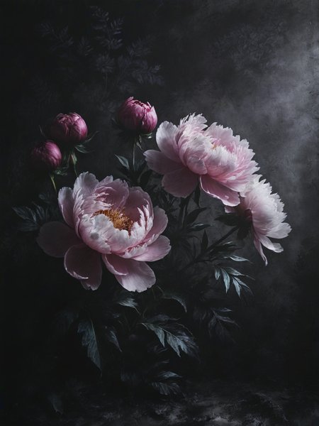 Flowers painted on a dark wall with patterns. Peonies on the wall. Design for walls, photo wallpaper, wallpaper, murals, cards, postcards, paintings.    <lora:Desolation:0.8>