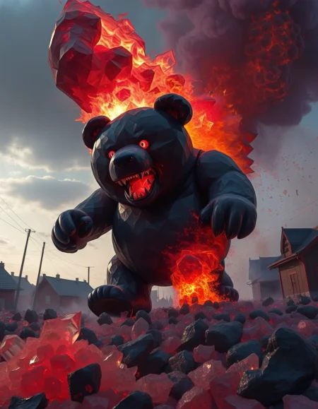 rp_slgd, huge monster teddy bear attacking the village, spewing fire, inferno, people go rip  <lora:zzz_trained\xl_rpr_soulgemmed_v1>