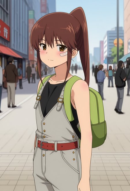 anime screencap, masterpiece, best quality,
<lora:KissXSis_SuminoeRiko_IlluXL:0.9>,
1girl, people, closed mouth, light smile, blush,
high ponytail, long hair, brown hair, brown eyes, bandaid on cheek,
black tank top, overalls, green backpack, red belt, grey pants,
standing, looking at viewer, cowboy shot,
street, city, photo background, blurry background