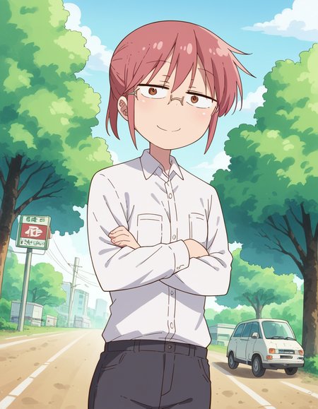 score_9, score_8_up, score_7_up, source_anime, <lora:dragon-kobayashi-s2-ponyxl-lora-nochekaiser:1>, kobayashi, ponytail, pink hair, glasses, short hair, brown eyes,, shirt, long sleeves, white shirt, collared shirt, pants, black pants, office lady,, bike ride, countryside, dirt road, trees, afternoon sun, peaceful, alone, , looking at viewer, crossed arms, smug, solo,, dutch angle,