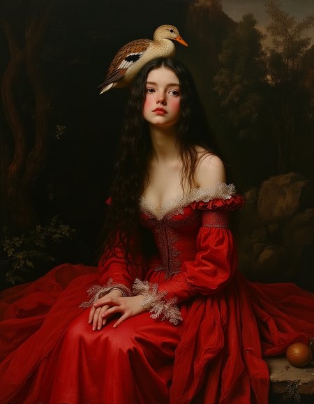 masterpiece, high quality, Oil Painting, Hyper-realistic, hyper-detailed picture of a very confused teen English princess, a flowy red silk dress with intricate silver embroidery along the edges. Her long, straight black hair is elegantly pulled back, and she has a very confused expression on her face. A duck is sitting on her head. She is sitting by a pond. The painting shows shadow and light, Masterpiece, intricate lines, intriguing atmosphere, sharp magnificent details, delicate features, elaborate details, (2\3 rule composition:0.5), ultra detailed, romantic, Rembrandt lighting, brush stroke, lovely, del1cate_balance style, novuschroma, in the style of Rembrandt. vantablack <lora:style_of_Rembrandt_FLUX_135:.8> <lora:- Flux1 - vanta_black_V2.0:.8> <lora:Delicate_Balance:.3> <lora:neeeg_f1:-1> <lora:113_novuschromaFLX_1:.4>