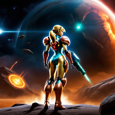 Samus Aran stands defiantly on an uncharted alien planet's surface. Swirling, tumultuous galactic storms gather overhead, casting eerie luminescence. Energy beams pulse rhythmically from her iconic arm cannon, engaging in a fierce battle with a massive, intimidating alien creature, its roar echoing in the foreign atmosphere.