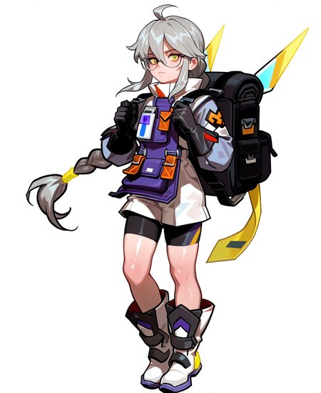 <lora:smashlegends:1> smashlegends,
(masterpiece), (best quality), (ultra-detailed), amazing quality, very aesthetic, illustration, perfect composition, intricate details, absurdres, incredibly absurdres, shiny skin, realistic,
 smashlegends, solo, braid, gloves, 1boy, boots, male focus, full body, long hair, glasses, grey hair, shorts, simple background, white footwear, backpack, closed mouth, looking at viewer, single braid, white background, black gloves, yellow eyes, braided ponytail, ahoge, standing, hands up, hair between eyes, bag, long sleeves, floating, rimless eyewear, jetpack, framed eyewear, sidelocks, general