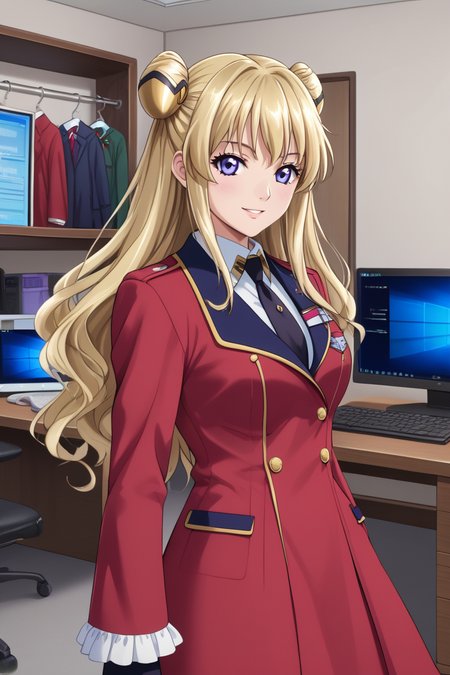 <lora:leila_malcal_CGA_pony:0.7>leila malcal, hair accessories, winter military uniform, 1girl, long hair, blue eyes, blonde hair, hair ornament, gloves, dress, school uniform, purple eyes, hair bun, double bun, standing, computer room, indoor, monitoring room,  looking at viewer, red coat, cheerful, smile, anime coloring, frill sleeves, contrapposto,