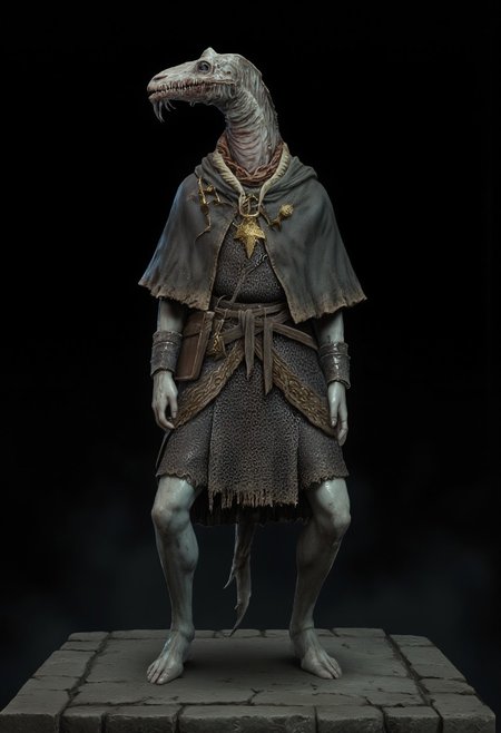 malformed hobo Miner lizardman in a roman soldier armor mixed with legionnaire attire, Toad shaped skull, elongated cobra neck, horse hoofs instead of legs
Standing on a flat ground
Set against a solid dark black color background to emphasize its unsettling unnatural form that emphasizes its silhouette. The medium is not a traditional painting or illustrative medium like watercolor or ink but rather a digital 3D rendering.
MikeFranchinastyle, bbstyle,, horror theme,, ZBClay model of a gray sculpture, zbrush, d4arks0uls, overcast lighting