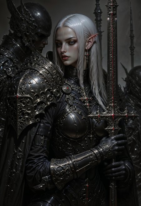 A half-body portrait of a female elf warrior in dark fantasy style, holding a sword with both hands. She has long silver hair, glowing eyes, and pointed ears. Her expression is intense and mysterious. She wears dark, ornate armor with intricate details, and the background is moody and misty, with gothic and magical elements. Cinematic lighting, highly detailed, realistic style, 4k quality. In black and white.