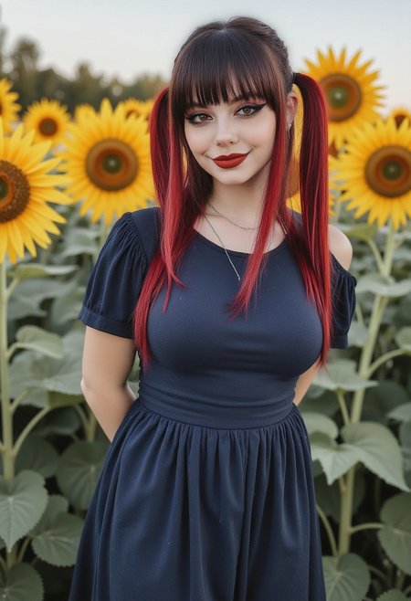 FictionalEmma, Goth girl with red twintails. Wearing a navy blue sundress in a field of sunflowers.