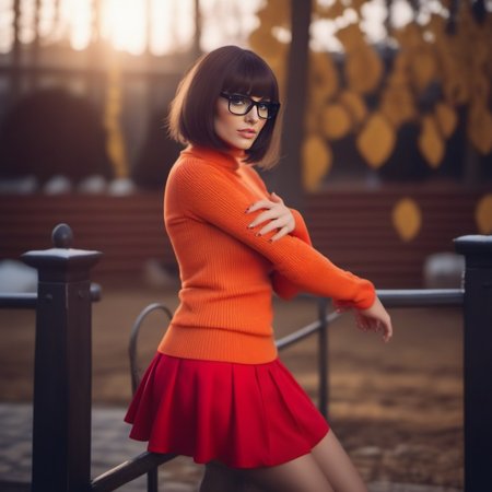 cinematic photo a realistic square cut brunette woman with black frame glasses dressed in a orange turtleneck sweat and a red miniskirt, mystery, . 35mm photograph, film, bokeh, professional, 4k, highly detailed  <lora:Velma1024:0.8>