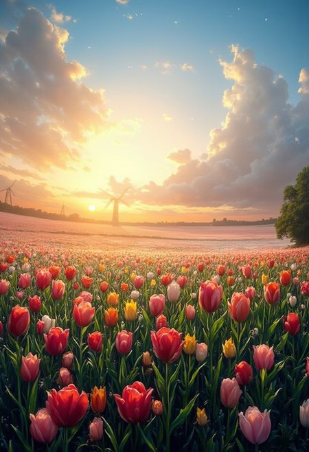 detailed background, from above,( Calm spring morning landscape), beautiful view, Flower Field, lily flower in full bloom, lily flower, early morning, sunrise sky, beautiful clouds, dappled sunlight, 
I can see a windmill in the distance, 
depth of field, masterpiece, best quality, ultra-detailed, very aesthetic, illustration, perfect composition, intricate details, absurdres, moody lighting, wisps of light, no humans,
