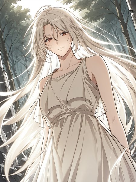 <lora:Omniscient_Readers_Viewpoint__Shin_Yoosung_adult:1>
1girl, solo, very long hair, white hair, straight hair, parted bangs, hair between eyes, red brown eyes,
white dress, flowing dress, layered dress, sleeveless dress, ankle length dress, soft fabric, ethereal look,
score_9, score_8_up, score_7_up, very aesthetic, source_anime, detailed, high quality, beautiful, masterpiece, detailed eyes, forest, tree, ruins, cowboy shot, dynamic angle, upper body, light smile, dynamic pose