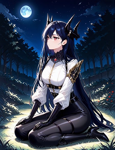 <lora:Caera_Denoir__The_Beginning_After_the_End__Illustrious (1):1>
Caera Denoir, 1girl, solo,dark blue hair, long hair, intricate demon horns, red eyes, tight white blouse with golden buttons, , high-waisted black fitted pants, black gloves, black high-heeled boots, gothic armored shoulder pad, 
score_9, score_8_up, score_7_up, masterpiece, best quality, absurdres, perfect anatomy, 1girl, solo, wariza, sitting, hands on own knees, garden background, night, blue moon