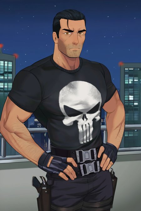 masterpiece, best quality, highres, newest, frankcastle, 1boy, solo, male focus, mature male, short hair, black hair, hair slicked back, brown eyes, thick eyebrows, facial hair, stubble, looking at viewer, muscular male, black shirt, t-shirt, short sleeves, skull print, black pants, belt, holster, black gloves, fingerless gloves, hands on own hips, standing, cowboy shot, outdoors, on roof, rooftop, city, night, night sky <lora:Frank Castle - The Punisher (2005) from Video Game v1.0 BETA [LoRA] - NoobAI-XL EPS 1.0:0.8>
