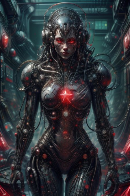 cyberpunk cityscape,biomechanical cyberpunk,SCI-FI,
cowboy shot,thigh gap,
femenine cyborg,helmet with antenna,mask,armor,
(wires,cables,electricity,discharge,monitors:1.2),
high technical room background,
<lora:Concept_-_Hella-sthetic_v2:0.7>,
(USSR,red star \(symbol\):1.5),
<lora:H.R.GigerWorld:0.25>,gigerworld,art by hrgiger,
<lora:Concept_-_Giger-ish_Biomechanicals_v2:0.25>,hnsrdlf style,
<lora:Concept_-_More_Details_v1.0:1>,
intricate,elegant,highly detailed,symmetry,magical atmosphere,sharp focus,majestic,very coherent,radiant,advanced,cinematic,artistic,fine detail,winning,beautiful,stunning,dramatic light,designed,rich deep colors,perfect professional background,ambient,tailored set composition,
human-machine fusion,organic meets artificial,futuristic,technological,cybernetic enhancements,robotics,neon lights,dark,
<lora:Concept_-_PicXer_bSide:1>,<lora:GemTech:0.7>, gemtech,scifi,internal reflections,transparent,inner details,