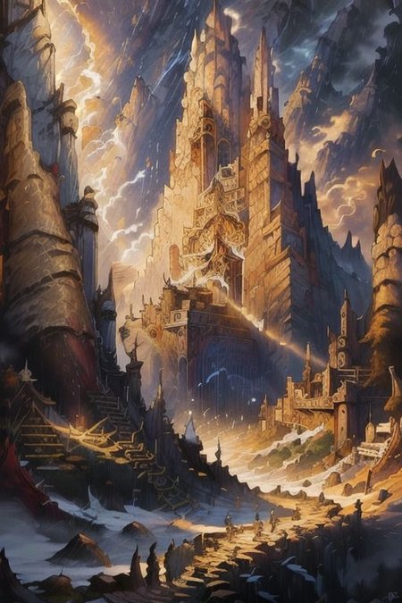 ((Masterpiece)), realistic digital painting of the hall of the mountain king, fanmou, official art, trending on artstation, perfect composition, rule of thirds, golden ratio, cinematic lighting, crepuscular rays, <lora:fantasyv1.1:1>,