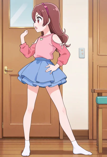 masterpiece, best quality, absurdres, very aesthetic, general,
sakura uta, casual, 1girl, solo, brown hair, long hair, open mouth, blue skirt, hair ornament, clothing cutout, hand on hip, white legwear, table, pink shirt, shoulder cutout, brown eyes, no shoes, standing, long sleeves, pink hairband, red eyes, profile, indoors, hand up, legs apart, full body, ribbon, wooden floor, bare shoulders, from side, v-shaped eyebrows, door, bow, miniskirt, pose, white socks, layered skirt, pink sweater, frilled skirt, walking, looking to the side
<lora:cure_idol_sakura_uta_illustXL_locon_v1:0.8>
