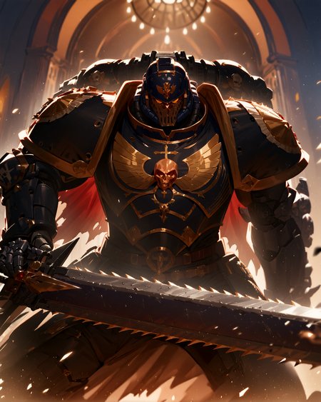 masterpiece, best quality, very aesthetic, absurdres
BREAK
gothic architecture in background, extremely detailed, absurdres, masterpiece, cel shading,
BREAK
full body, Space Marine, iron hands  legion, portrait, charging forward,  He is holding a 40kchainsword up. He is wearing a helmet, intricate Black Primer armor, silver trimmings, cross detailing, torn cape, mechanical arms,  robotic gauntlets, black fur, plate armor, full armor, panoply, white hand symbol on  shoulder_pad,
<lora:Astartes:1>  <lora:Bad_Hands_lora:0.8>  <lora:Bolter_-_Warhammer_40000_SDXL:0.6>  <lora:sinfully_stylish_SDKL:1> <lora:Expressive_H:1>
