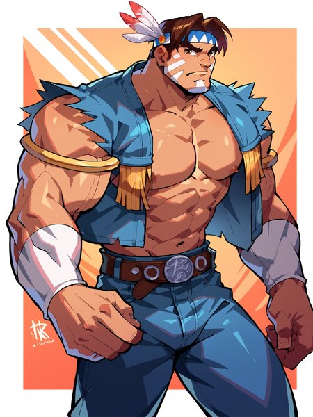 score_9, score_8up, score_7up, score_6up, score_5up, score_4up, abstract background, source_cartoon, rating_explicit, BREAK
solo, male, 1boy, sf2thawk, brown hair, headband, feathers, brown eyes, barazoku, muscular male, blue vest, jeans, BREAK
 <lora:T._Hawk__Thunder_Hawk_-_Street_Fighter_-_PDXL:1>