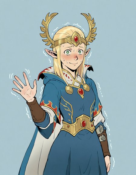 masterpiece, good quality, best quality, 2d, anime, marcille donato, dungeon meshi, blue background,
looking at viewer, hearchmage, solo, (helmet), armor, cape, nervous sweating, nervous smile, trembling, waving, cowboy shot, 
 <lora:HEArchmage_Vpred:0.75>