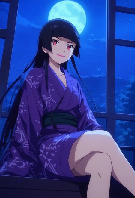 score_9, score_8_up, score_7_up, source_anime, rorymercury,
<lora:rory-mercury-s1s2-ponyxl-lora-nochekaiser:1>, rory mercury,
1girl, solo, closed mouth, light smile,
long hair, black hair, red eyes, hime cut, blunt bangs, lipstick,
yukata, purple kimono, open kimono, breast,
sitting, crossed legs, looking at viewer, 
indoors, window, night, moon