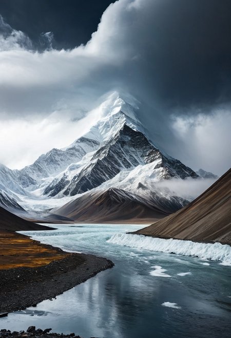 Tibet.  A huge mountain with a snowy peak rises from behind. Black clouds, cloudy, gloomy atmosphere, wind.Black clouds, Transparency, reflections, water, overcast, gloomy atmosphere, wind, ragged fog. The mountain looms over and overwhelms with its gigantic power. A huge avalanche is rushing down from the top., futuristic atmosphere. Perfect Composition,  A masterpiece. An otherworldly atmosphere.