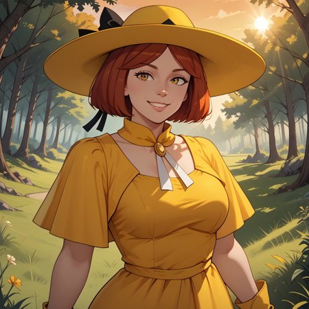 score_9, score_8, BREAK, 1girl, solo, Madeline, yellow hat with a black hair bow, yellow dress, white gloves, red hair, adult female, mature female, breasts, sexy pose, self portrait, smile, outdoors, sunlight, shadows, evening lighting, natural lighting, forest, trees, grass, orange sky, sunset