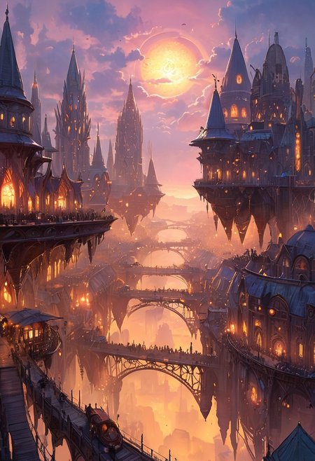 Sharn, the City of Towers, rises dramatically from the landscape, a sprawling metropolis of towering, interconnected spires that stretch high into the clouds. Each tower is a blend of sleek, dark stone and enchanted metals, adorned with glowing magical runes and intricate carvings that reflect the city’s deep history and arcane power. Bridges of various sizes crisscross between towers, creating a web of pathways filled with bustling citizens, exotic traders, and mystical creatures. Airships hover in the air, docking at various levels, their golden lights illuminating the fog that drifts lazily through the upper levels of the city. Below, the lower quarters are cast in shadow, filled with narrow alleyways, hidden bazaars, and flickering torchlight. The skyline is alive with a blend of warm and eerie hues as the sun dips beneath the horizon, casting Sharn in an otherworldly glow. The atmosphere pulses with energy, mystery, and the promise of adventure around every corner in this magnificent, vertical cityscape. masterpiece, maximum image detail, 8K high definition, intricate architecture, magical city, glowing runes, airships, enchanted metal, dense cityscape, vibrant sunset, foggy atmosphere, bridges and pathways, epic fantasy setting, ultra-realistic