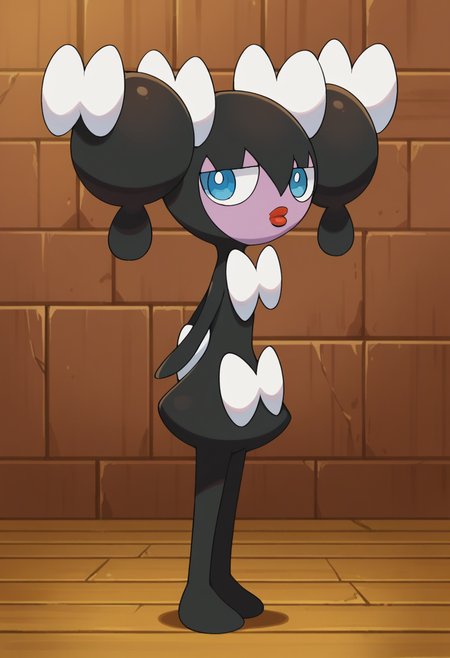 score_9, score_8_up, score_7_up, score_6_up,BREAK gothorita, pokemon \(creature\), solo, blue eyes, full body, no humans, standing, twintails, two-tone skin, white bow, black hair, white hair bow, indoors, looking to the side, red lips, white back bow, jitome, arms behind back, hair between eyes, from side, wooden floor, wooden wall  <lora:GothoritaPony:1>